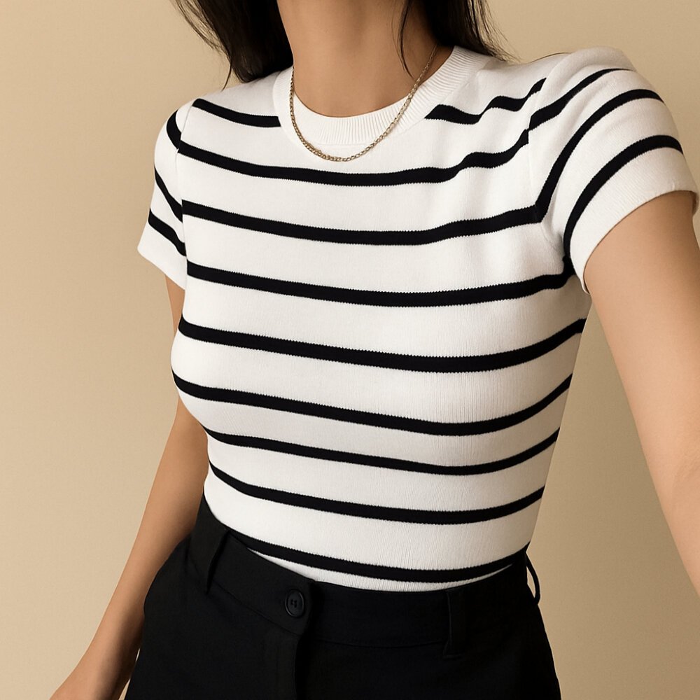 Blusa Feminina Listrada Casual Com Manga Curta Moda Trico Tendência 2025 Super Fresca e Leve