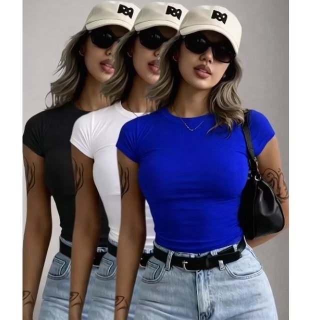 KIT 3 Blusa Feminina Manga Curta Baby tee
