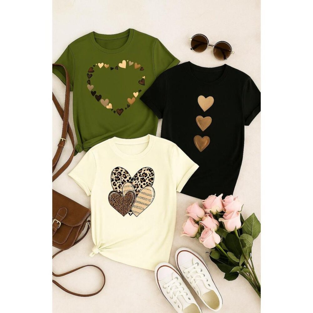 Kit 3 Blusas Femininas 100% Algodão – Confortáveis, Macias, Estampas de Coração, Casual e Moderna