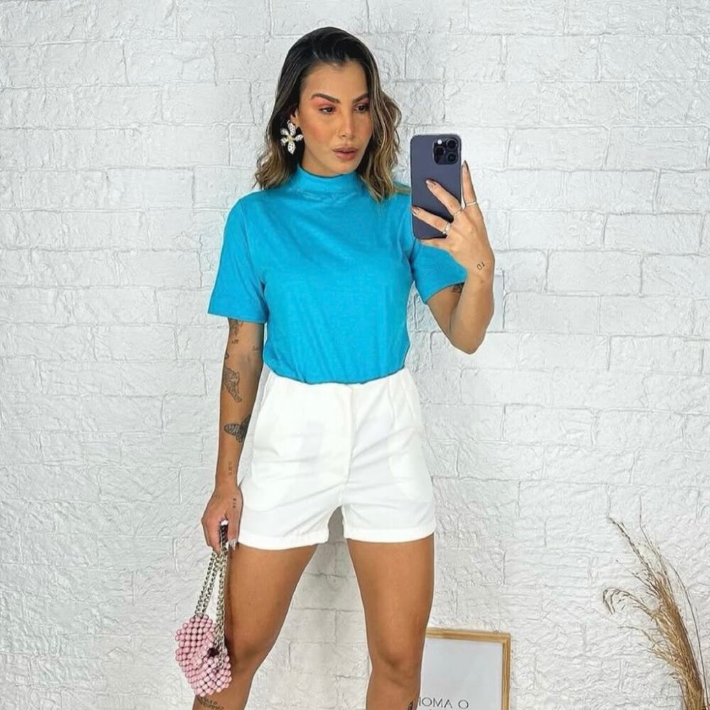 T- Shirt Blusa Gola Alta 100% Algodão Femenina