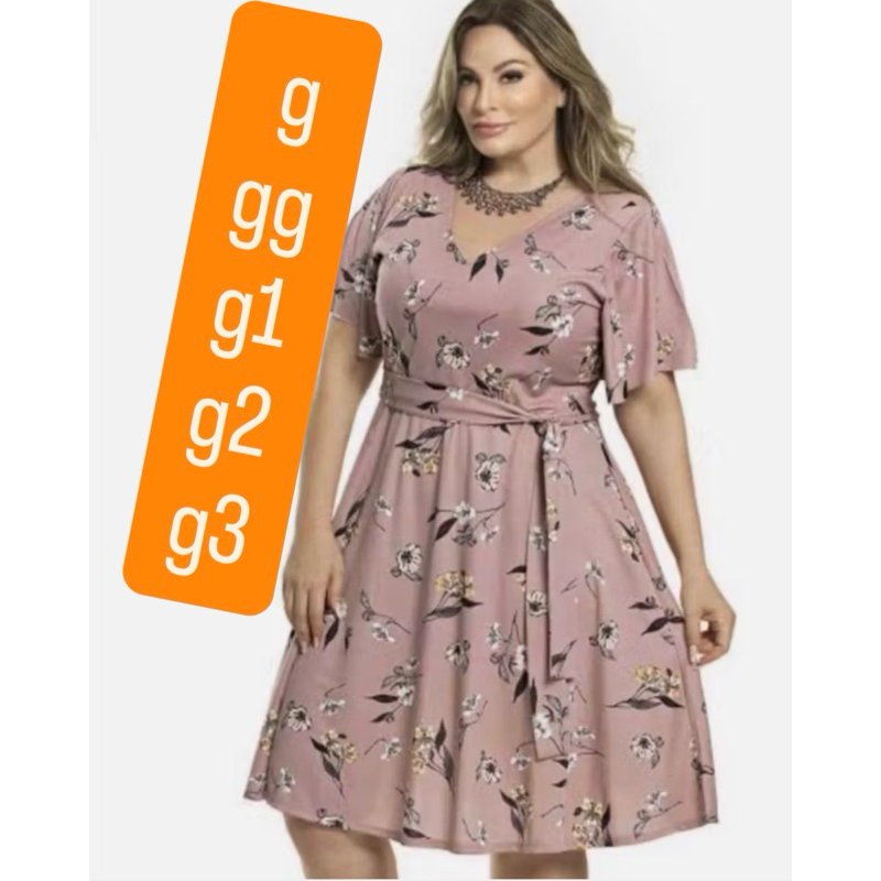 Vestido rodado Plus Size manga fler com a faixa Suplex Digital 44/46/48/50/52 g gg g1 g2